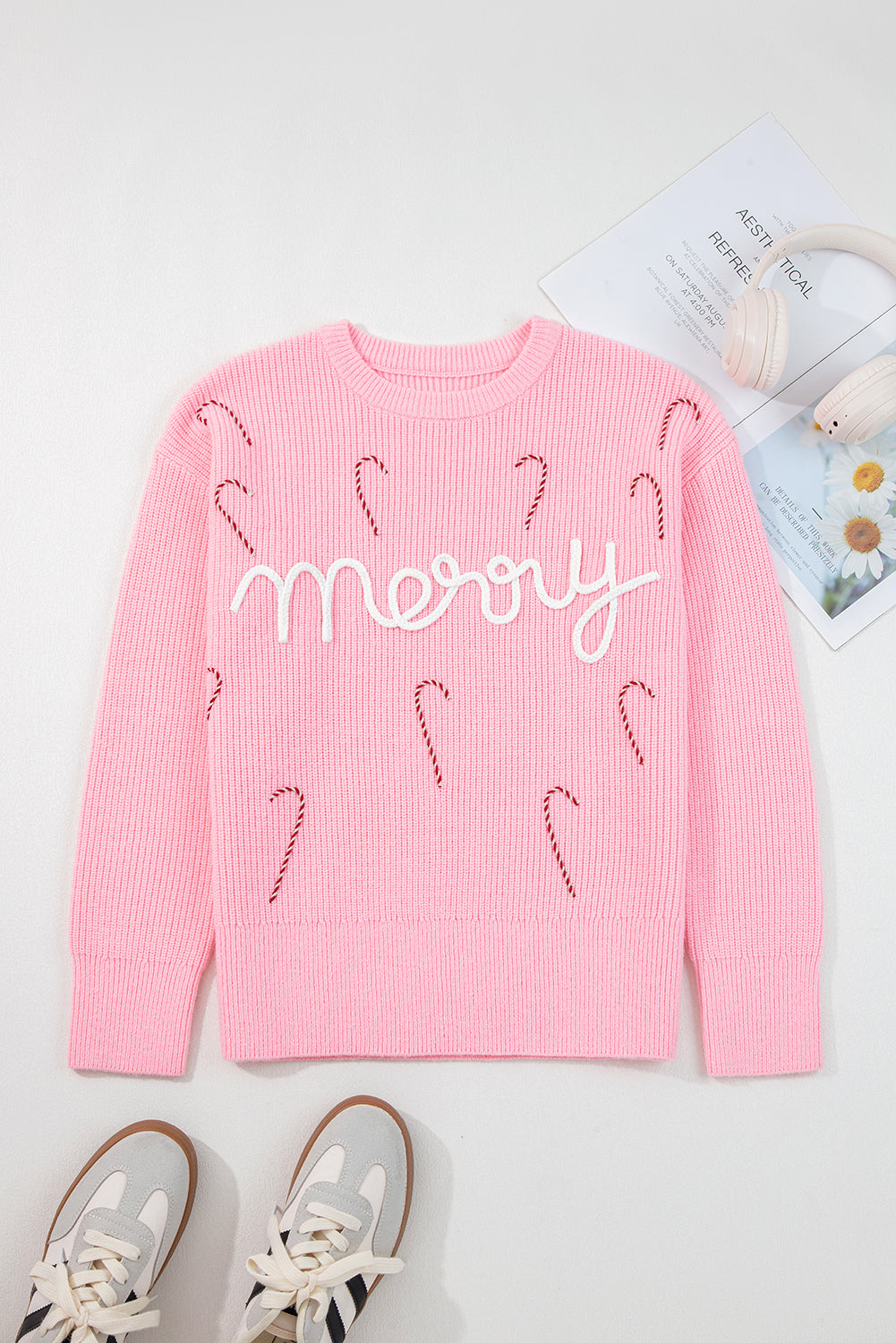 Pink Merry Candy Cane Puffy Knit Crew Neck Sweater Dear-Lover Dropshipping